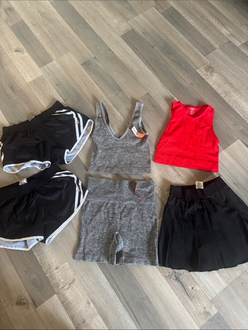 Gray Seamless Workout Set - Ribbed Tank, Tennis skirt and 2 Running Shorts